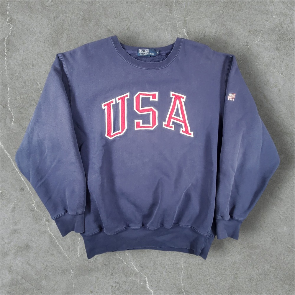Polo Ralph Lauren Sweatshirt Mens Medium Navy Team USA Flag Applique Pullover l